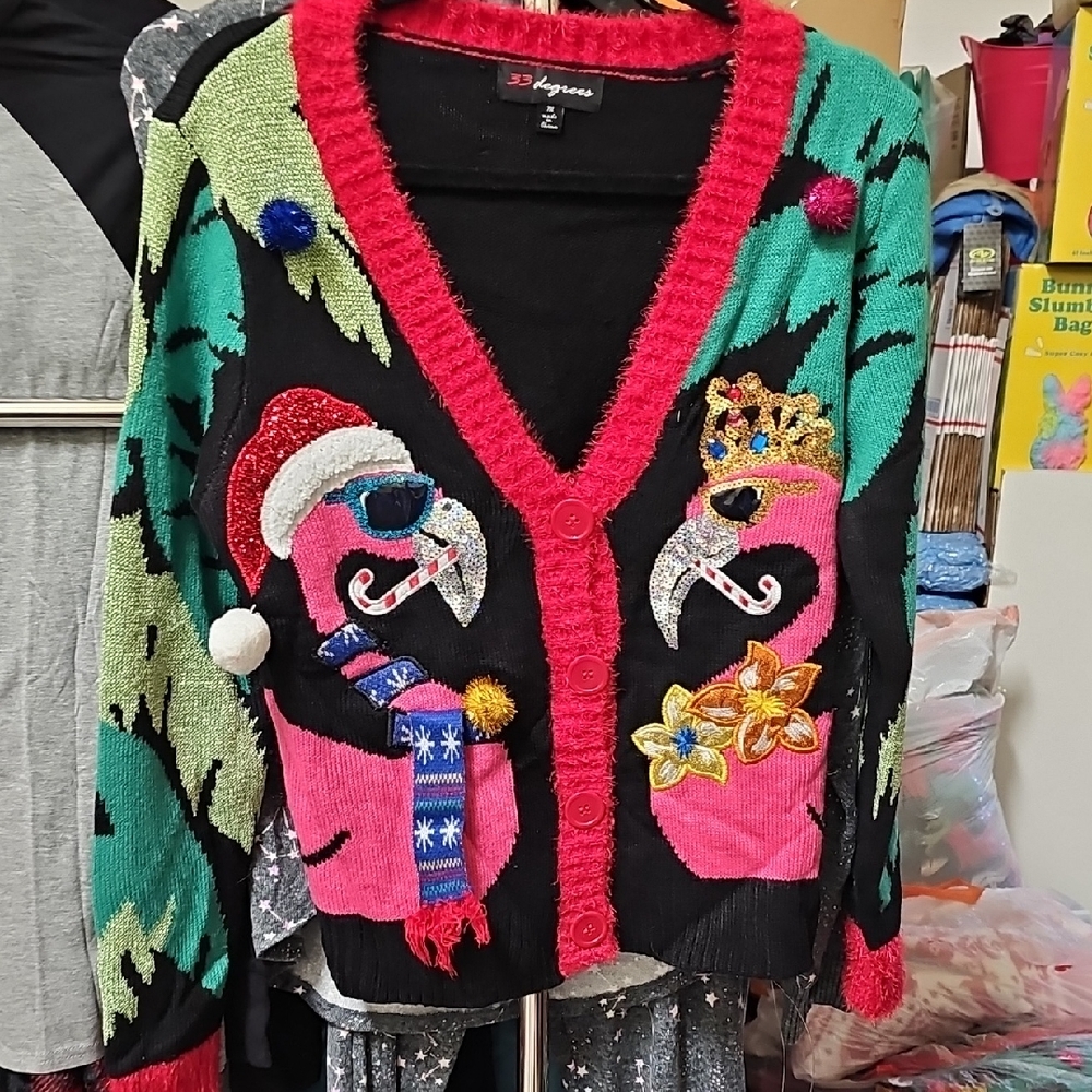 Nwt Christmas Flamingo Cardigan with Pom Poms - Picture 1 of 6